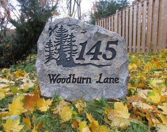Address Stone - artificial - with tree design + house number and text - Large Size 22" x 22" x 11"
