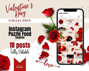 Valentine's Day Instagram Puzzle Feed Template 18 posts - Romantic / Rose - Business Social Media Mozaic / Canva Design Template