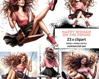 23x Beautiful Happy Woman Swinging - T-Shirt Design Bundle Suitable for Printing 23x JPG Clipart bundle