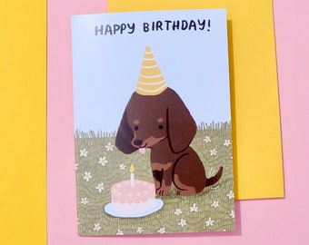 A6 Happy Birthday Dachshund Celebration Greeting Card Blank Inside