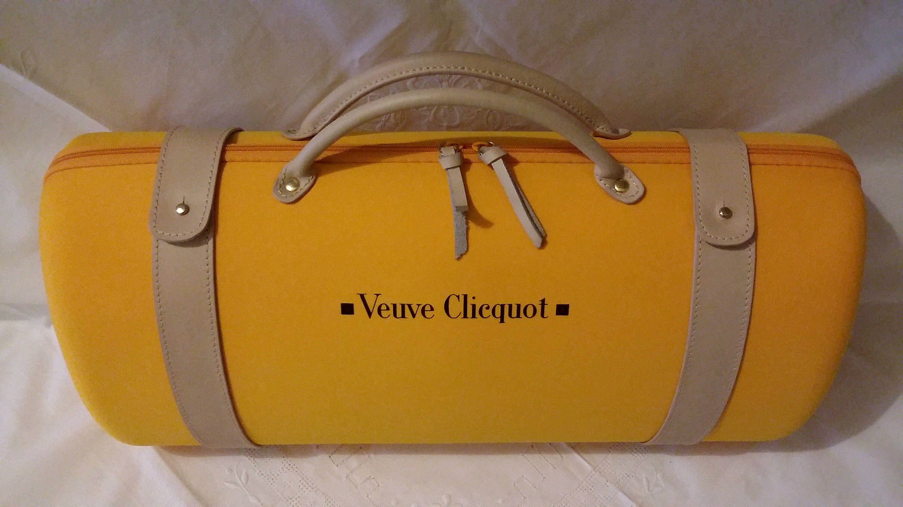 Bag bag produced by Louis Vuitton for champagne Veuve Clicquot Ponsardin  Reims France complete with glass goblets.