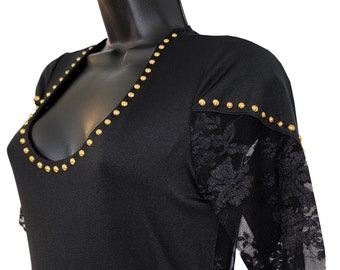 Lace Gold Studs Embellished Women's Black Dress