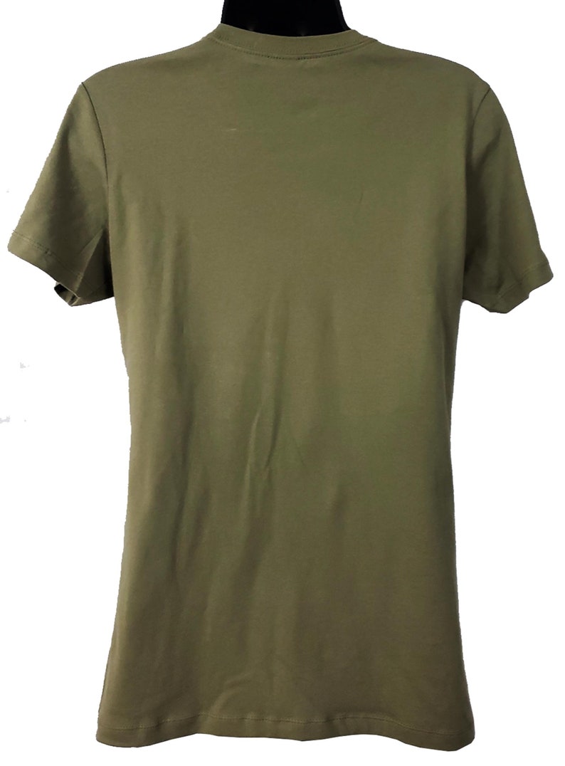 May include: A plain, olive green t-shirt with short sleeves.