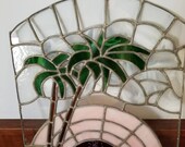 Vintage, Stained Glass Panel, Palm Trees, Beach Decor, Sunset, Sunrise, Ocean, 16 1 4 quot x 20 quot