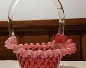 Vintage, Opalescient, Hobnail, Fenton, Glass Basket, pink, red, cranberry