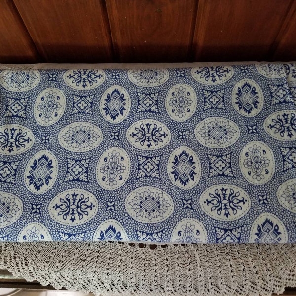 Vintage,  Blue and White, Geometric Patterned Fabric. 34" x  46" length,  Oriental,  cottage, country,
