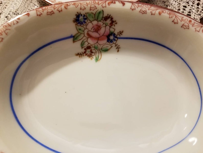 Vintage 11 piece PorcelainTea Set Red Scrolled Rim Child/'s Pink Rose