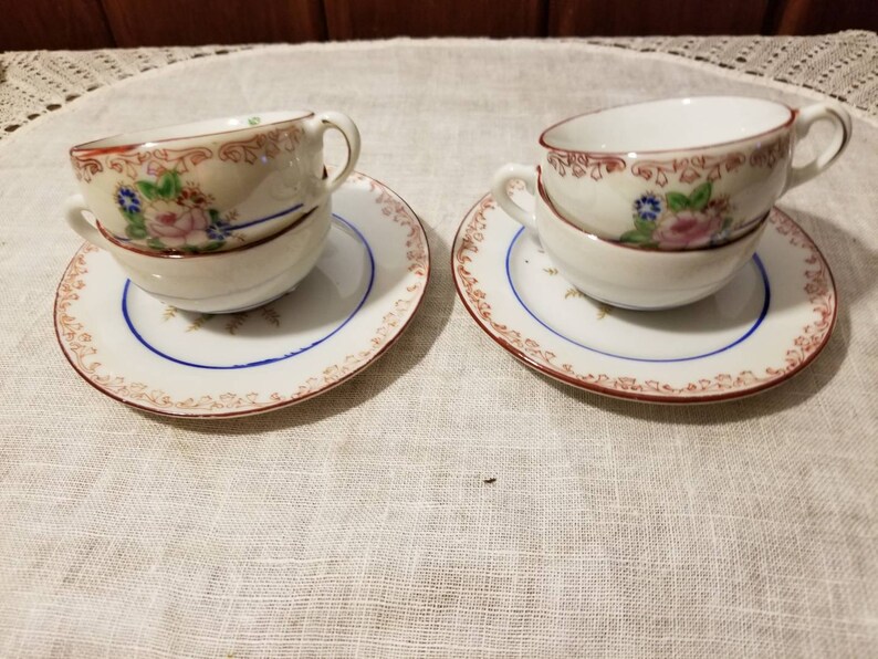 Vintage 11 piece PorcelainTea Set Red Scrolled Rim Child/'s Pink Rose