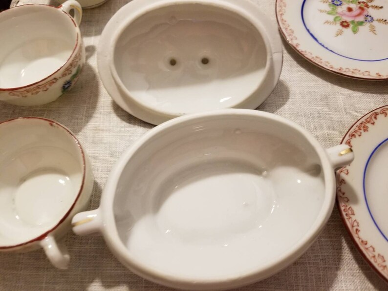 Vintage 11 piece PorcelainTea Set Red Scrolled Rim Child/'s Pink Rose