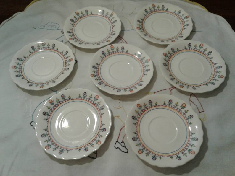 flower doodles Rare Canonsburg 7 Cups and Saucers Vintage cottage primary colors flowers CAN153