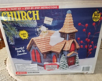 NOS, Unpainted Church, Craft Kit, Wee Crafts, Pine Grove Community Church