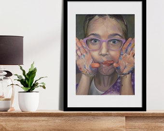 Original Oil Painting Print: Goofy Girl with Paint, Framed Canvas Art