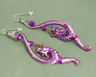 Silver & Purple Dragon Earrings with Sterling Silver Earwires and Swarovski Crystals