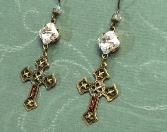 Victorian Cross Earrings with Vintage Square Rhinestones & Niobium Earwires
