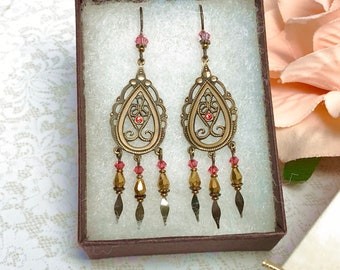 Victorian Filigree Chandelier Earrings in Coral & Bronze with Swarovski Crystals and Niobium Earwires