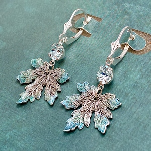 May include: A pair of silver-toned earrings featuring a leaf design with blue and brown enamel accents. Each earring has a clear, round gemstone above the leaf and a lever-back closure.