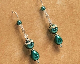 Filigree Silver & TealTeardrop Pearl Earrings with Glass Pearls, Swarovski Crystals and Sterling Silver Earwires