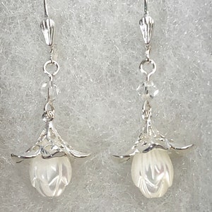 Silver & Mother of Pearl Carved Flower Earrings with Sterling Lever Backs image 3