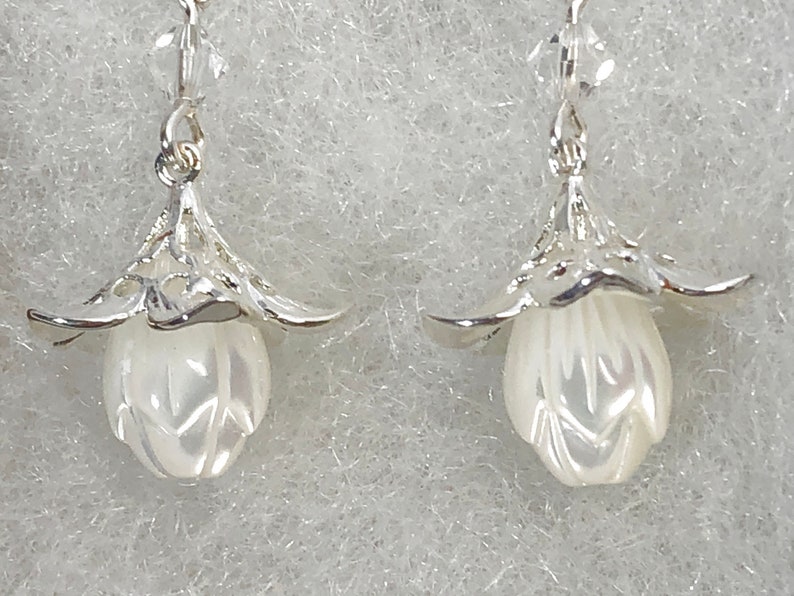 Silver & Mother of Pearl Carved Flower Earrings with Sterling Lever Backs image 7