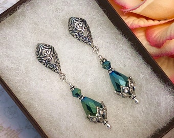 Silver Filigree & Evergreen Teardrop Earrings with Sterling Silver Kite Earring Posts