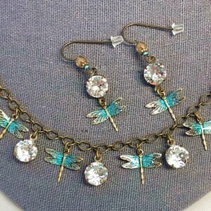 Dragonfly Necklace SET with Aqua Dragonflies, Swarovski Crystals & Matching Niobium Earrings