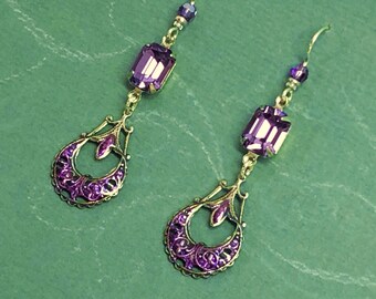 Victorian Violet & Silver Filigree Earrings with Swarovski Tanzanite and Niobium Earwires