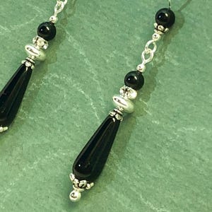 Art Deco Black & Silver Long Teardrop Earrings with Sterling Silver Earwires