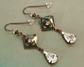 Green & Aqua Moroccan Tile Earrings with Swarovski Rhinestones and Hypoallergenic Niobium Earwires