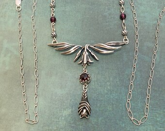 Solid Sterling Silver & Garnet Necklace and Earrings Set, Sleeping Bat and Lilies