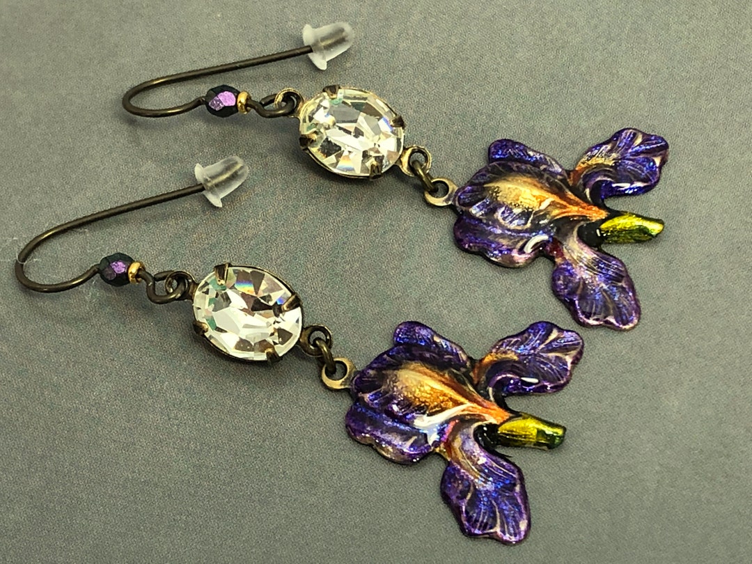 Purple Iris Flower Earrings With Swarovski Crystal Rhinestones Etsy