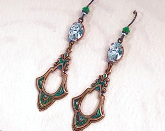 Art Deco Verdigris Earrings with Swarovski Oval Crystals & Hypoallergenic Niobium Earwires