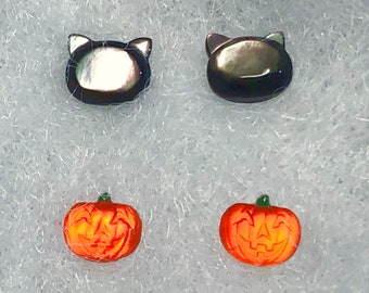 Vintage Retro Tiny Halloween Pumpkin & MOP Black Cat Stud Earrings SET