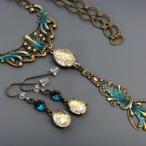 Crystal Scarab Necklace with Vintage Cabochons, Swarovski Rhinestones & Matching Niobium Earrings