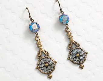 Victorian Filigree Earrings with Sapphire Shimmer Stones & Niobium Earwires