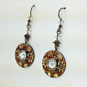 Steampunk Copper & Brass Gear and Cog Embossed Earrings with Swarovski Crystals and Niobium Earwires