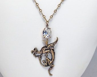 Gothic Gargoyle Dragon Charm Necklace with Swarovski Oval Rhinestones & Adjustable Antique Brass Chain