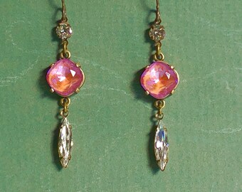 Pink Purple Color Shift Earrings with Swarovski Rhinestones and Niobium Earwires