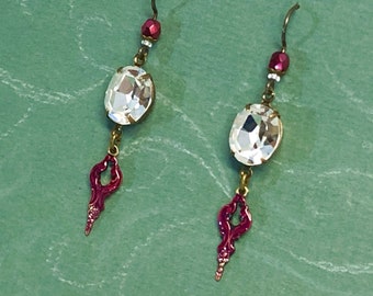 Deep Rose Filigree Earrings with Swarovski Crystal Ovals & Niobium Earrwires