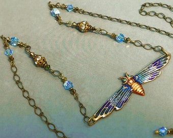 Queen Bee Charm Necklace &with Aquamarine Swarovski and Adjustable Brass Chain