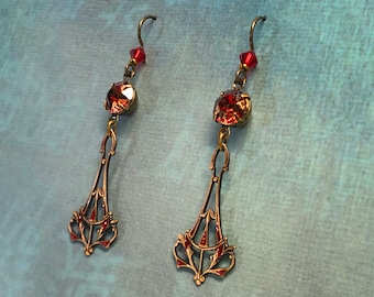 Scarlet & Gold Victorian Filigree Earrings with Swarovski Rhinestones and Niobium Earwires