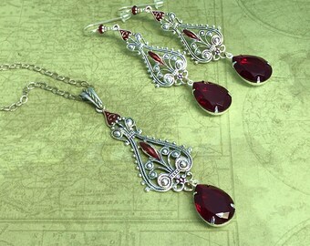 SET - Victorian Vampire Garnet Red and Silver Filigree Necklace & Earrings, Sterling Earwires, Adjustable Sterling Chain