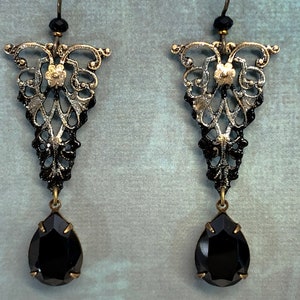 Victorian Gothic Filigree with Vintage Swarovski Jet & Niobium Earwires image 2