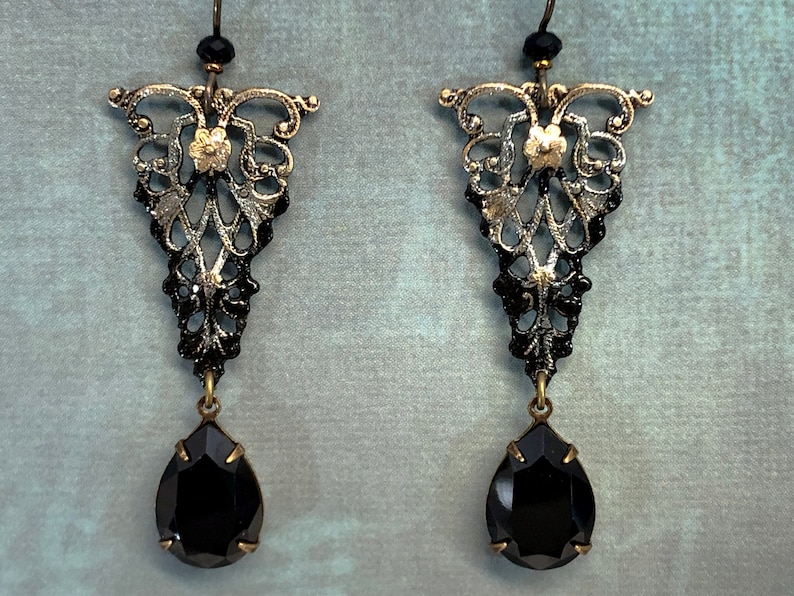 Victorian Gothic Filigree with Vintage Swarovski Jet & Niobium Earwires image 2