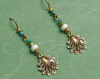 Beach Earrings with Shell Charms, Natural Pearls, Swarovski Crystals & Hypoallergenic Niobium Earwires