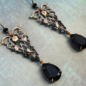 Victorian Gothic Filigree with Vintage Swarovski Jet & Niobium Earwires