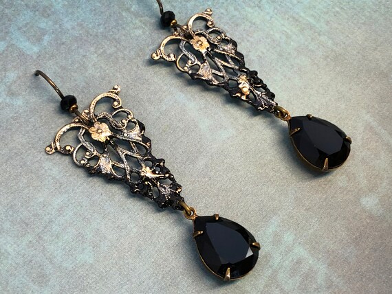 Victorian Gothic Filigree with Vintage Swarovski Jet & Niobium Earwires