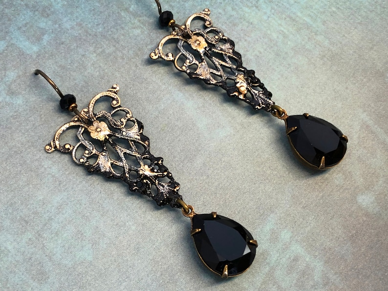 Victorian Gothic Filigree with Vintage Swarovski Jet & Niobium Earwires image 1