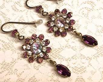 Rhinestone Flower Earrings in Crystal & Purple with Niobium Earwires