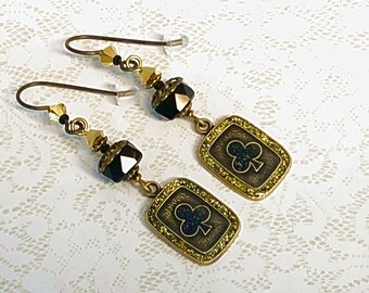 Bridge Poker Card Club Player's  Earrings with Jet Black Beads & Hypoallergenic Niobium Earwires