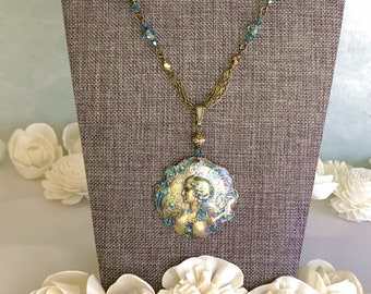 SET - Aqua Peacock Goddess Necklace & Earrings with Aqua Beads and Hypoallergenic Earwires